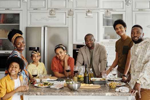 happy family gathering around a dinner table