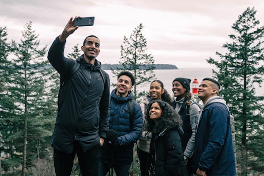 happy group of friends hiking together